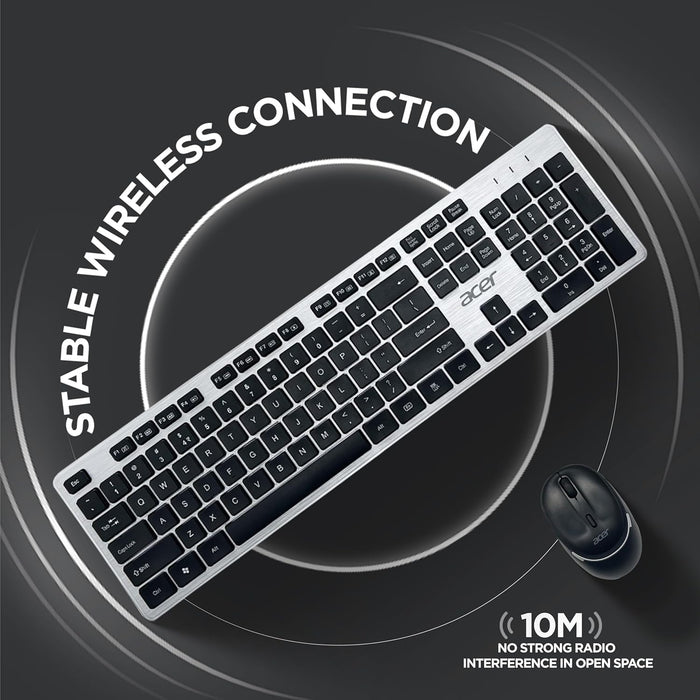 Acer Fusion Wireless Keyboard and Mouse Combo, Durable Stylish Design, 2.4GHz Nano Receiver, 10m Range, Indian Rupee Key, Adjustable DPI (800/1200/1600), Compatible with Windows & Mac (Black & Silver) - Unboxify