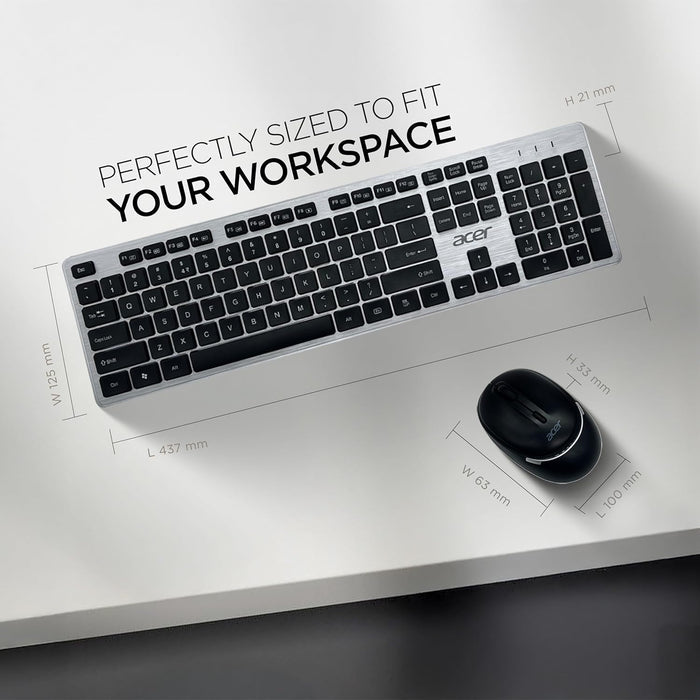 Acer Fusion Wireless Keyboard and Mouse Combo, Durable Stylish Design, 2.4GHz Nano Receiver, 10m Range, Indian Rupee Key, Adjustable DPI (800/1200/1600), Compatible with Windows & Mac (Black & Silver) - Unboxify