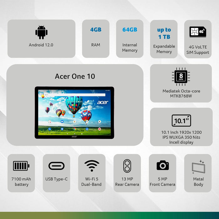Acer One T9-1212L (25.65 cm) 10.1 Inch Tablet with 4GB RAM and 64GB ROM Expandable, Wi-Fi + 4G LTE(Calling) (Gray) - Unboxify