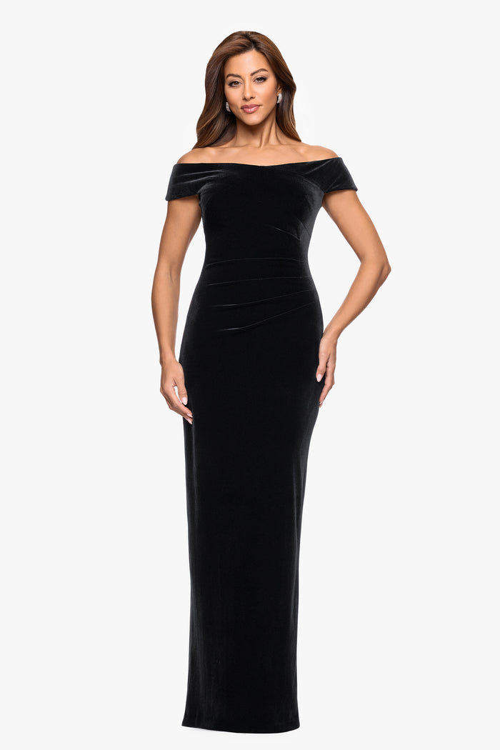 Petite Black “Agatha” Velvet Off the Shoulder Rouched Waist Dress, front view