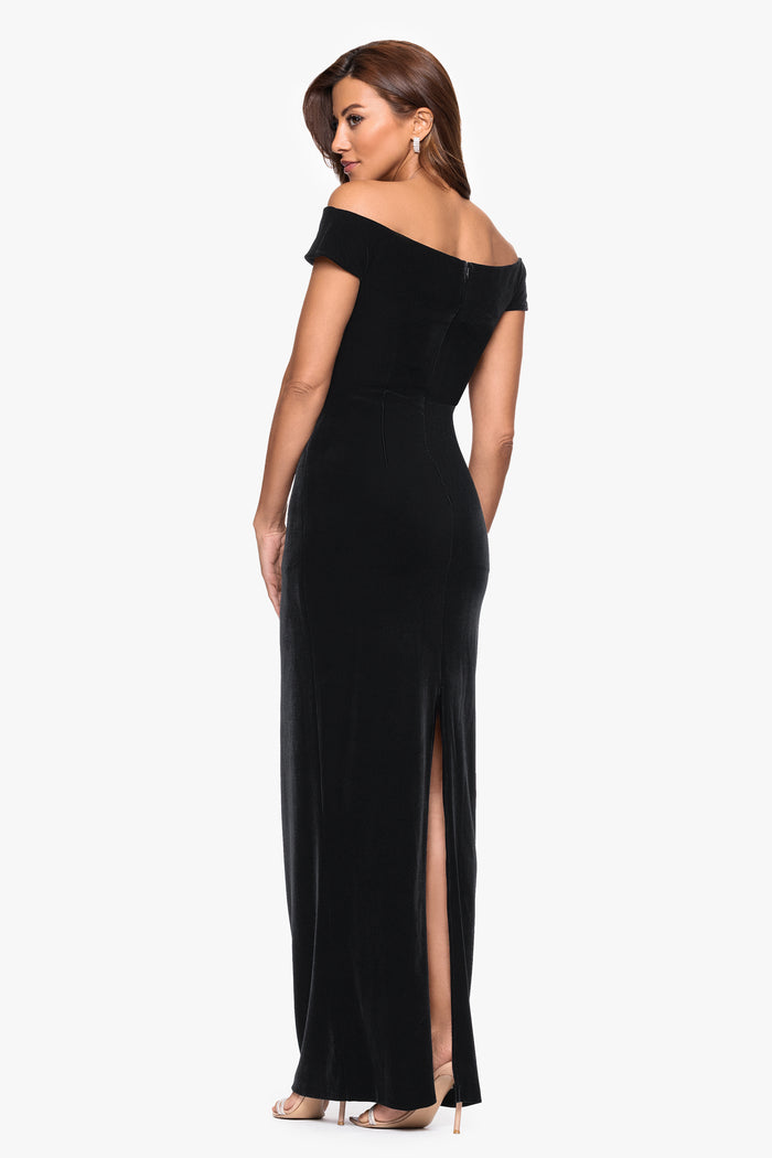 Petite Black “Agatha” Velvet Off the Shoulder Rouched Waist Dress, back view with slit