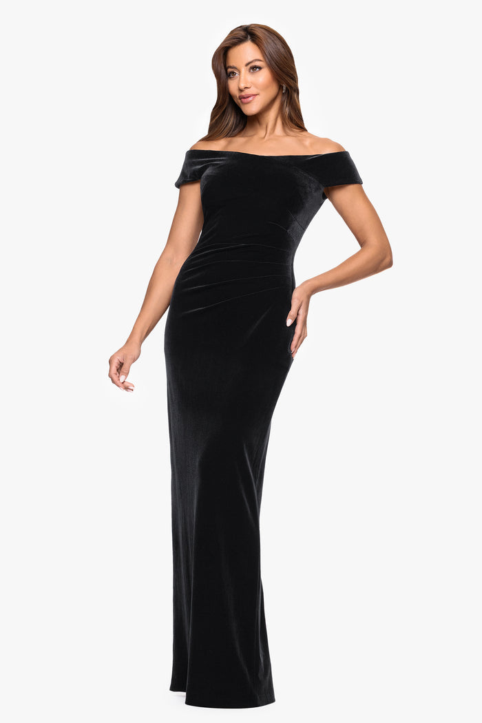 Petite Black “Agatha” Velvet Off the Shoulder Rouched Waist Dress, angled three-quarter view