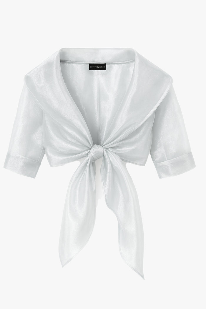Silver “Agnes” Organza 3/4 Sleeve Shawl Wrap, product-only front view