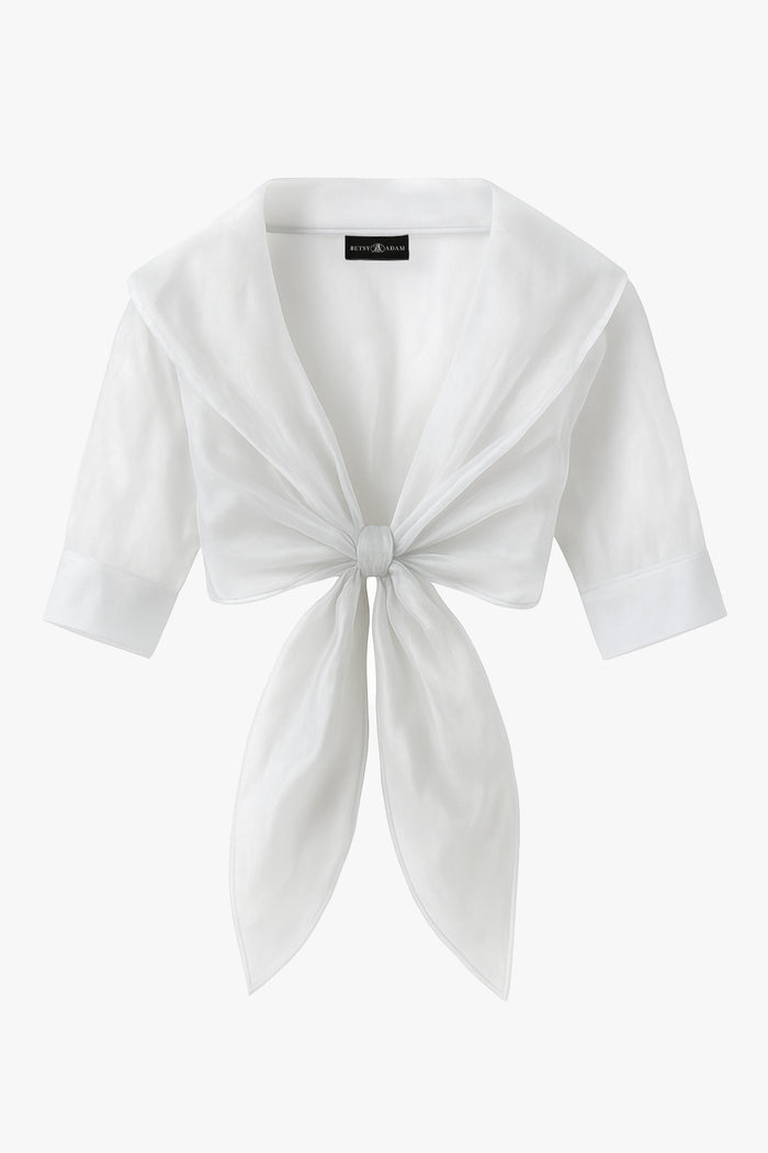 Ivory “Agnes” Organza 3/4 Sleeve Shawl Wrap, product-only front view