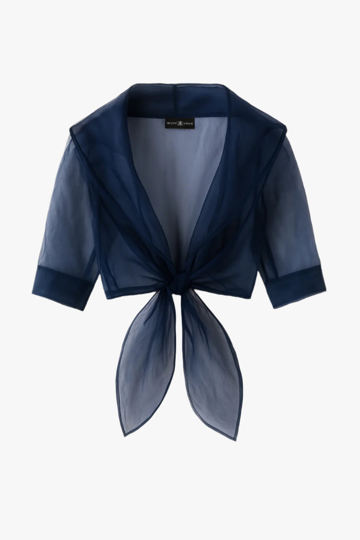 Navy “Agnes” Organza 3/4 Sleeve Shawl Wrap, product-only front view