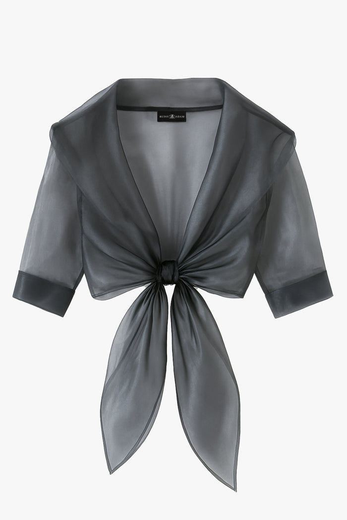 Gunmetal “Agnes” Organza 3/4 Sleeve Shawl Wrap, product-only front view