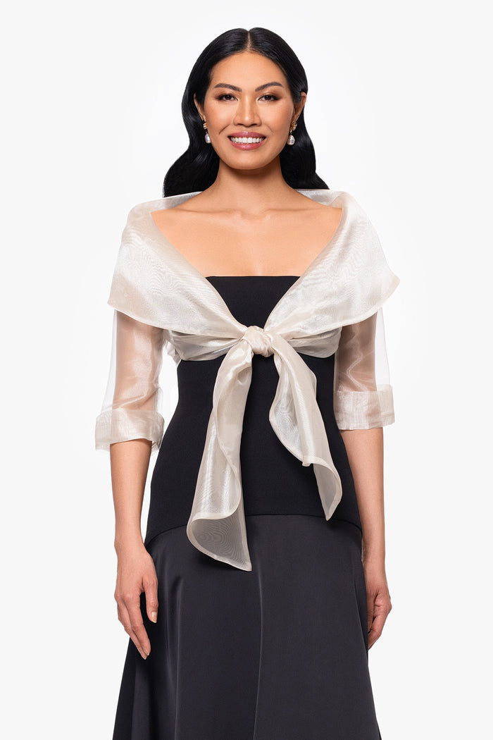 Khaki “Agnes” Organza 3/4 Sleeve Shawl Wrap, styled front view with knotted tie and three-quarter sleeves