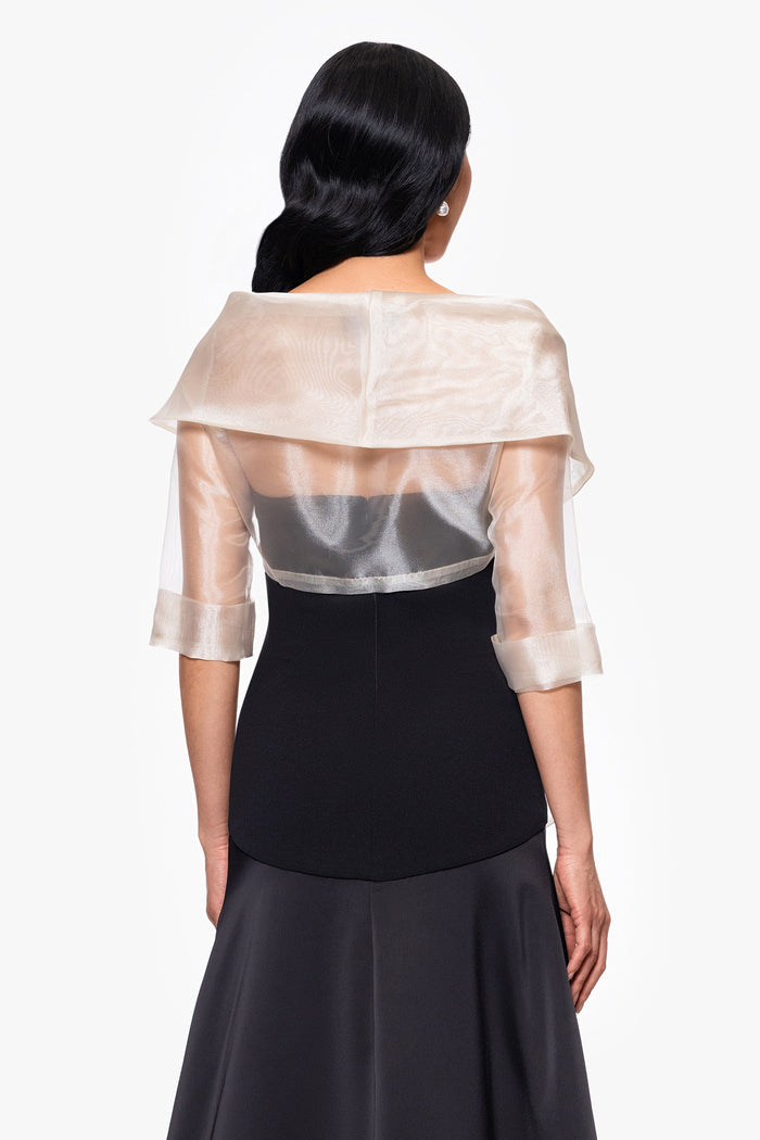 Khaki “Agnes” Organza 3/4 Sleeve Shawl Wrap, back view