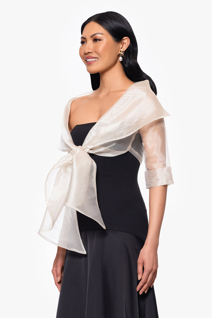 Khaki “Agnes” Organza 3/4 Sleeve Shawl Wrap, angled three-quarter view with knotted tie