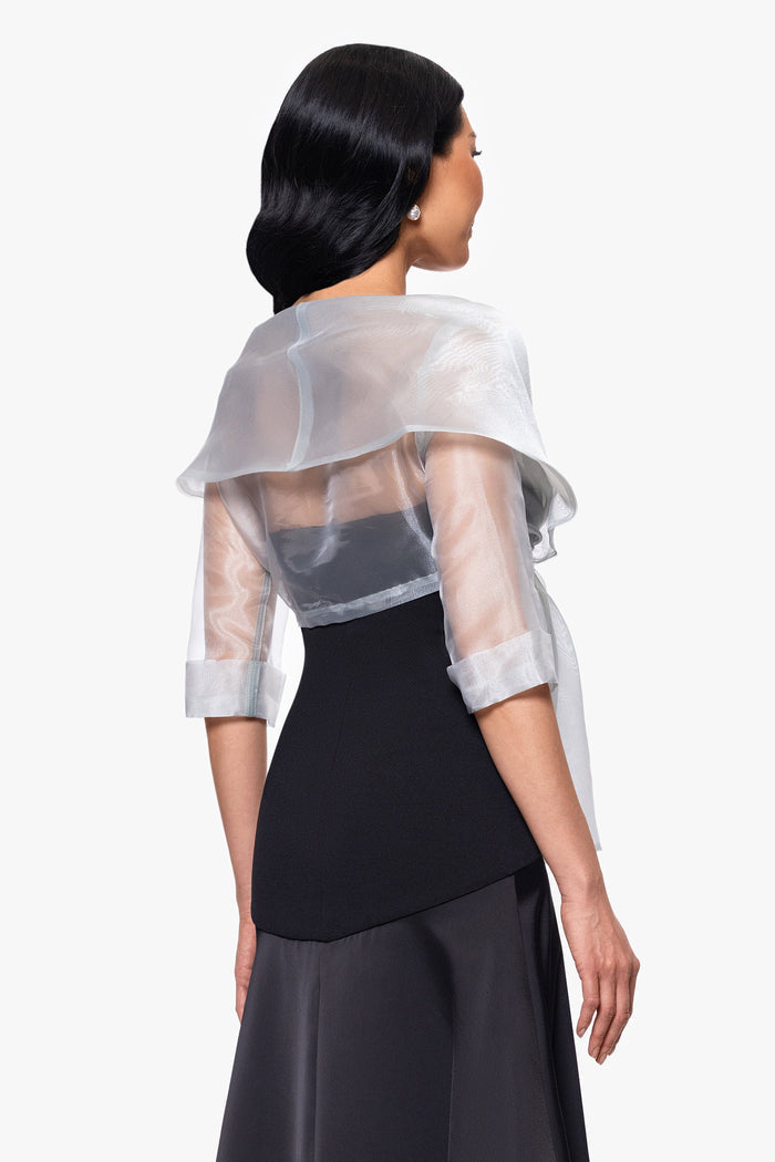 Silver “Agnes” Organza 3/4 Sleeve Shawl Wrap, back view