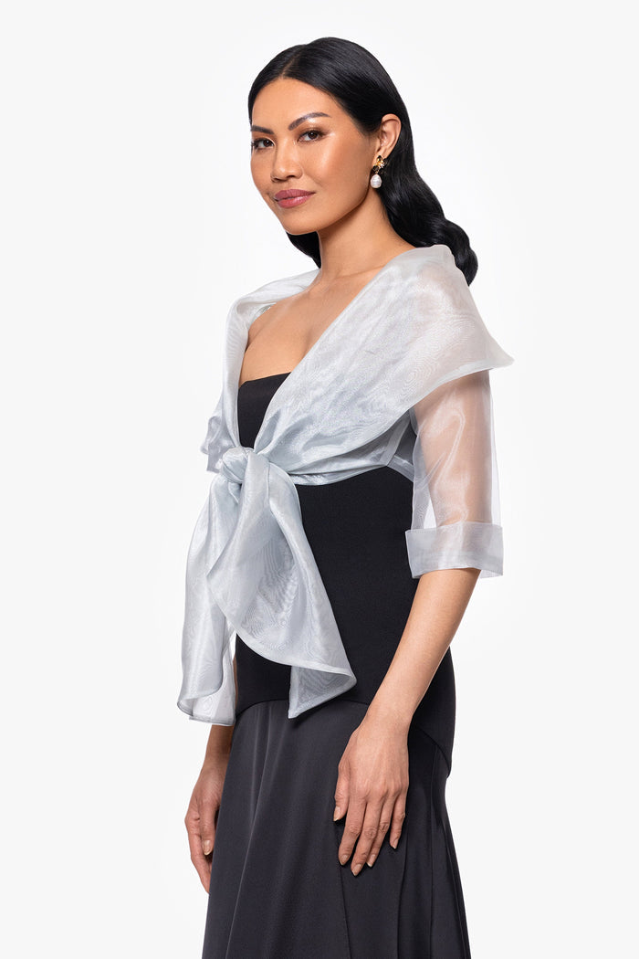 Silver “Agnes” Organza 3/4 Sleeve Shawl Wrap, angled three-quarter view with knotted tie