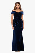 "Alana" Long Off the Shoulder Velvet Ruffle Dress