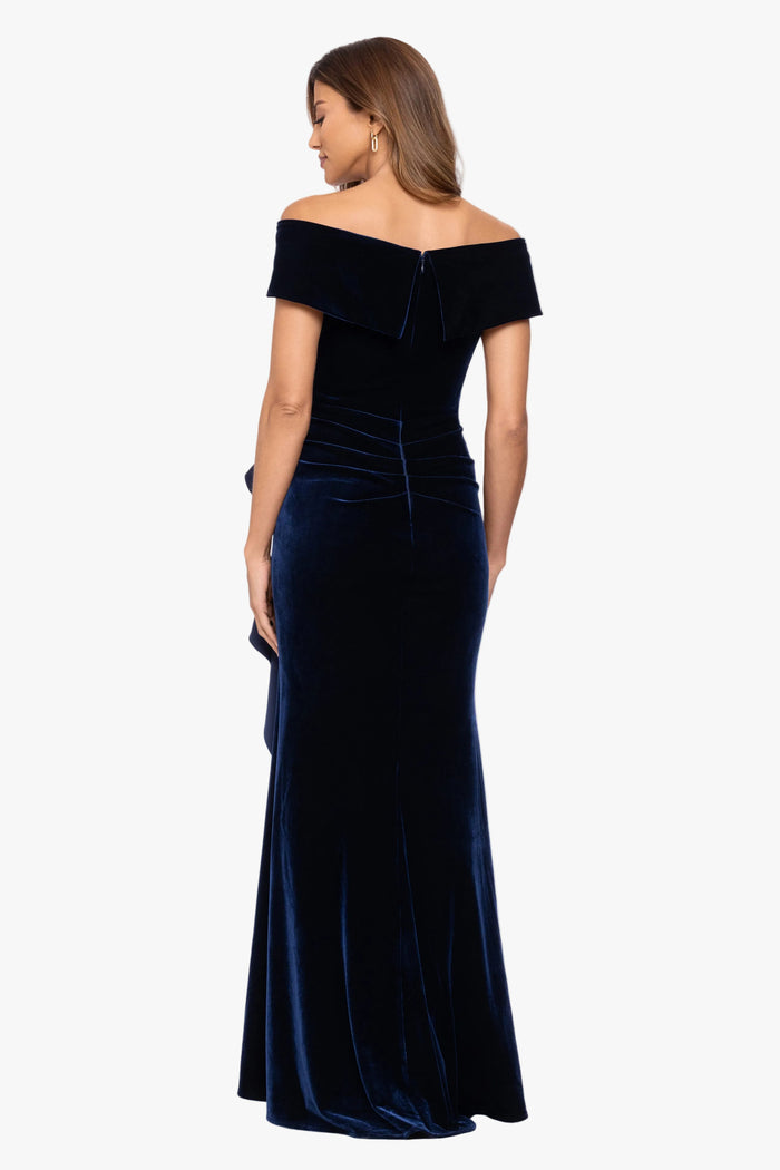 "Alana" Long Off the Shoulder Velvet Ruffle Dress