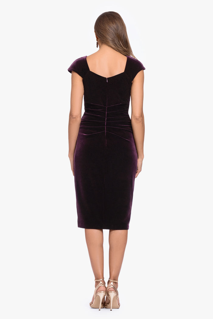 Maroon “Alina” Velvet Asymmetrical Cap Sleeve Short Dress, back view