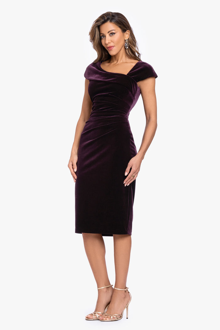 Maroon “Alina” Velvet Asymmetrical Cap Sleeve Short Dress, angled three-quarter view