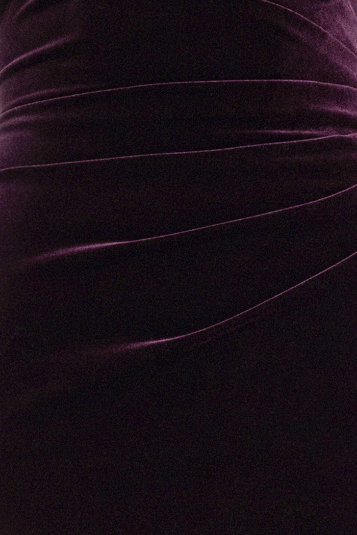 Maroon “Alina” Velvet Asymmetrical Cap Sleeve Short Dress, velvet fabric and ruching detail