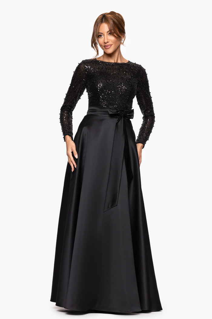 Black “Isabel” Satin Skirt and Sequin Bodice Long Sleeve Dress, front view