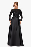 Black “Isabel” Satin Skirt and Sequin Bodice Long Sleeve Dress, front view