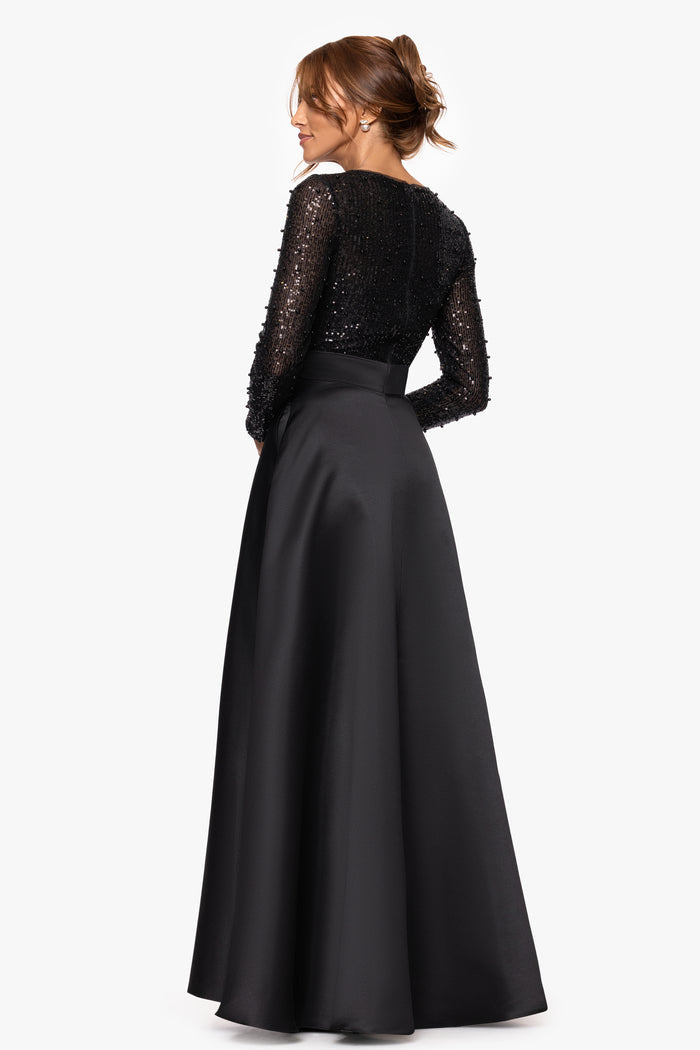Black “Isabel” Satin Skirt and Sequin Bodice Long Sleeve Dress, back view