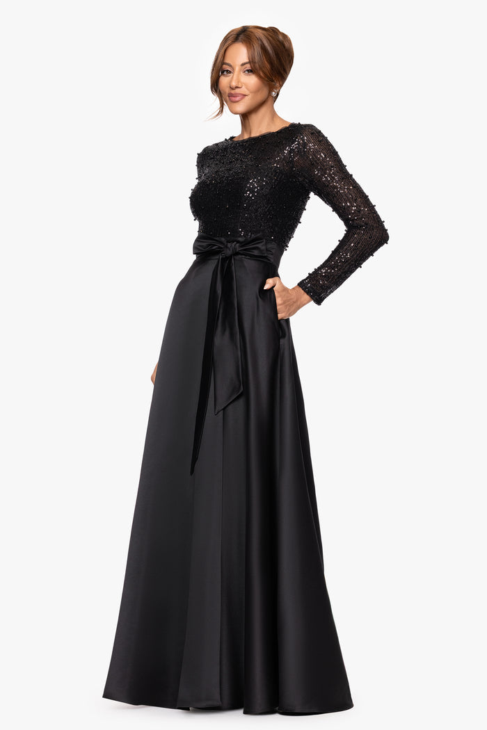 Black “Isabel” Satin Skirt and Sequin Bodice Long Sleeve Dress, angled three-quarter view