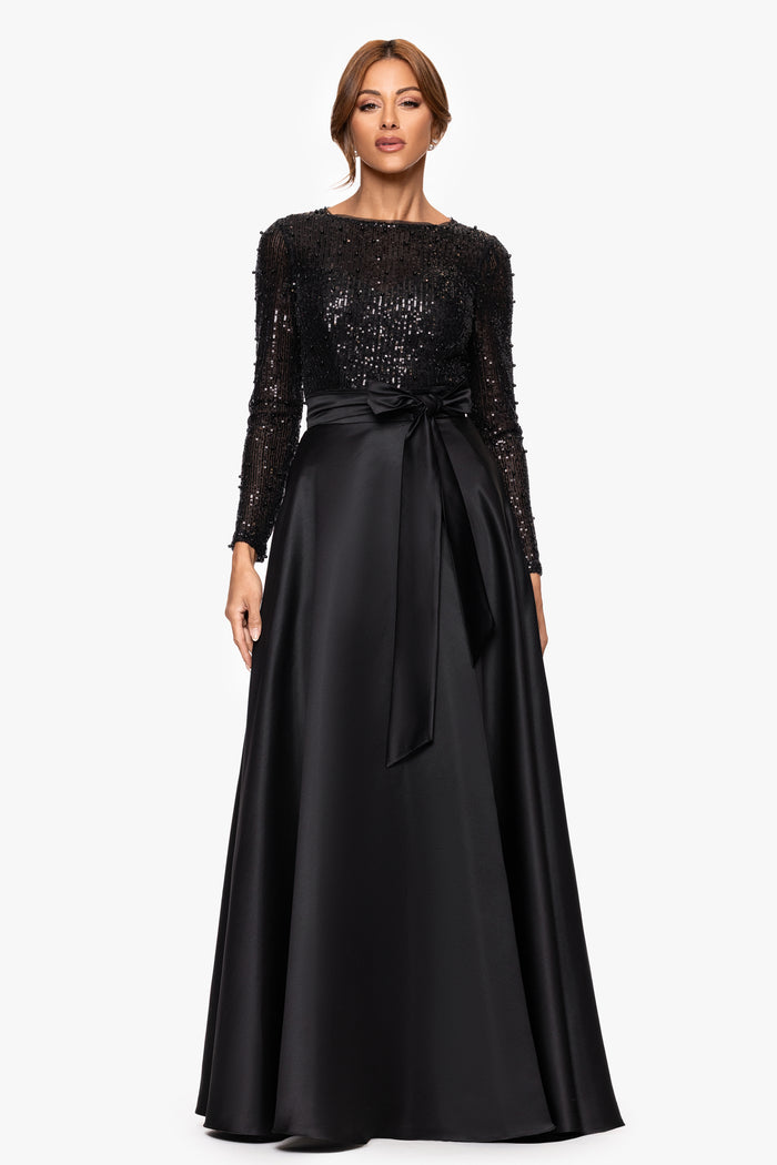 Black “Isabel” Satin Skirt and Sequin Bodice Long Sleeve Dress, alternate front view