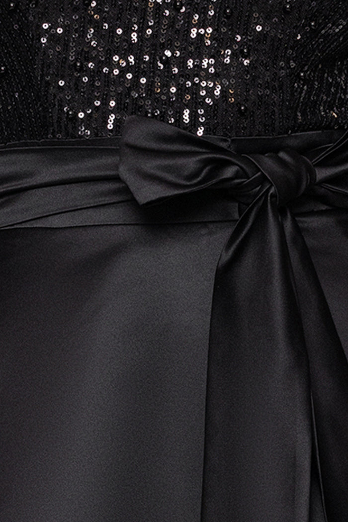 Black “Isabel” Satin Skirt and Sequin Bodice Long Sleeve Dress, sequin bodice and satin bow fabric detail