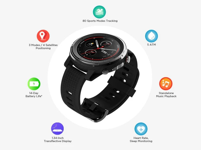 Amazfit Stratos 3 Smartwatch (Black Strap, Regular)
