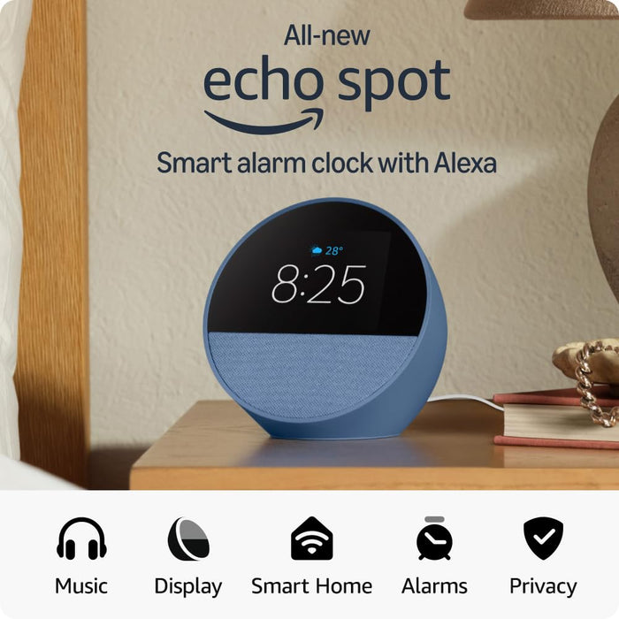 Amazon Echo Spot (latest model), Smart alarm clock with vibrant sound, Alexa and Bluetooth | Blue - Unboxify