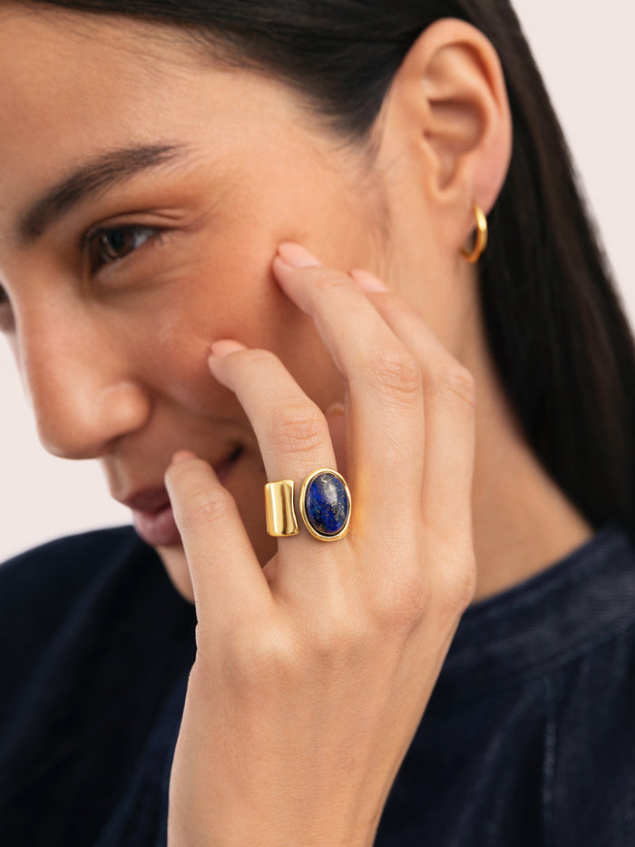 Anillo Índigo Azul Acero Baño Oro