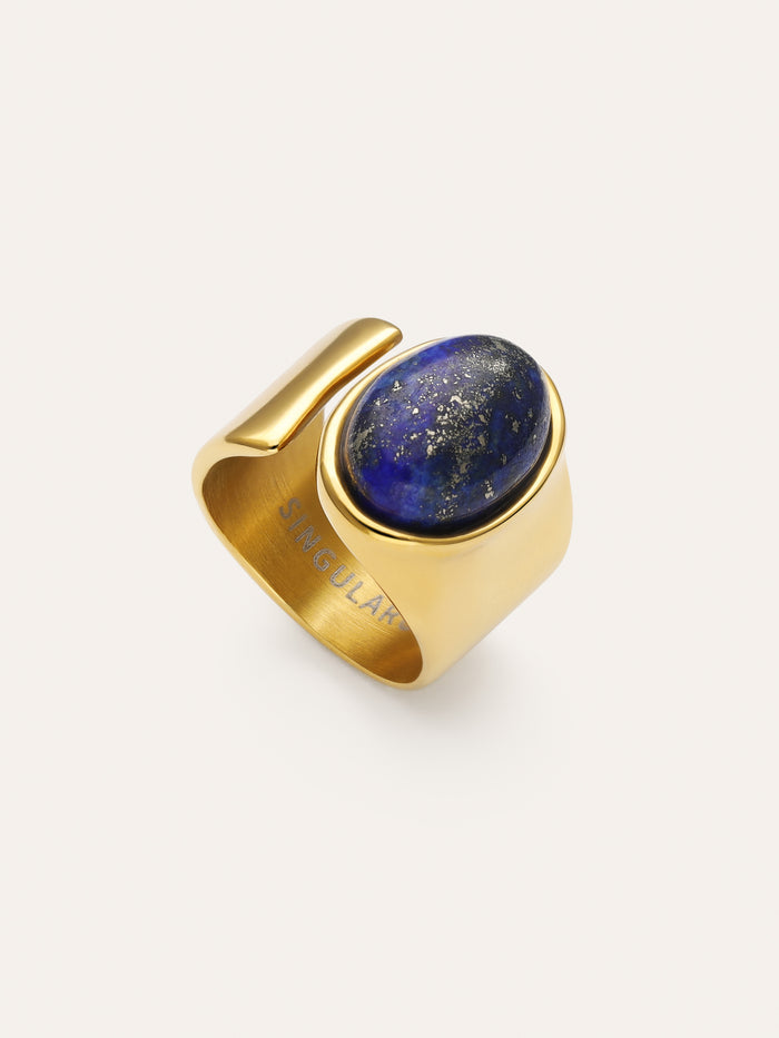Anillo Índigo Azul Acero Baño Oro