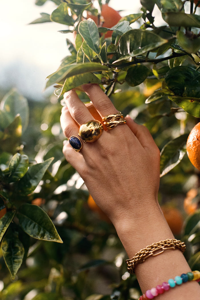 Anillo Índigo Azul Acero Baño Oro