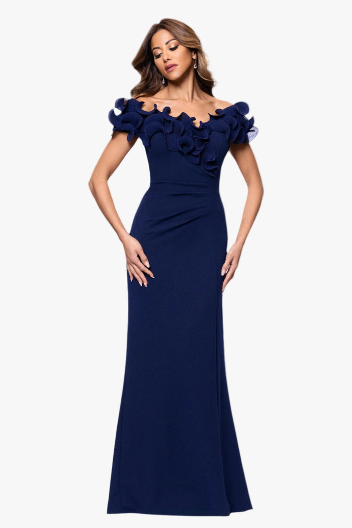 Navy “Anya” Scuba Crepe & Chiffon Ruffle Off the Shoulder Dress, front view