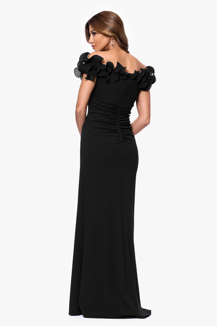 Black “Anya” Scuba Crepe & Chiffon Ruffle Off the Shoulder Dress, back view