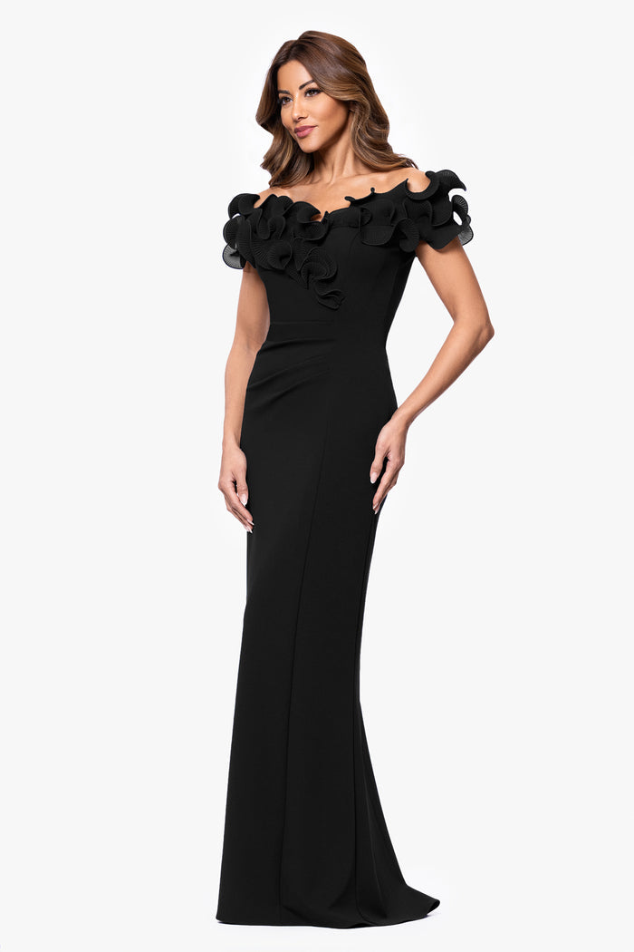 Black “Anya” Scuba Crepe & Chiffon Ruffle Off the Shoulder Dress, angled three-quarter view