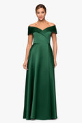Emerald “Aria” Off the Shoulder Satin Front Slit Dress, front view