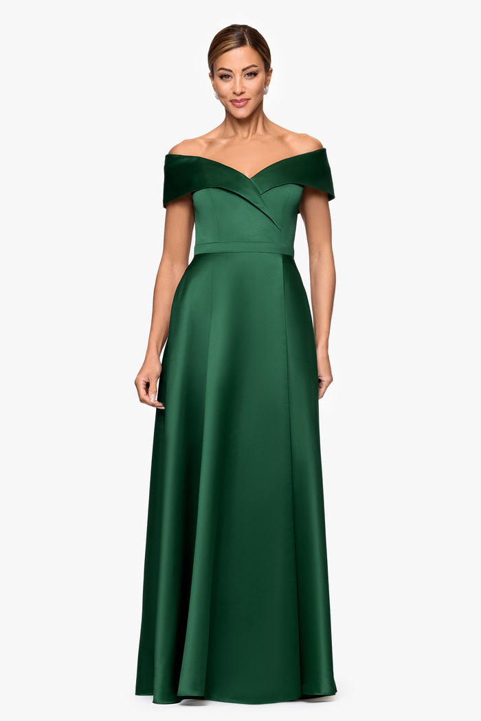 Emerald “Aria” Off the Shoulder Satin Front Slit Dress, front view