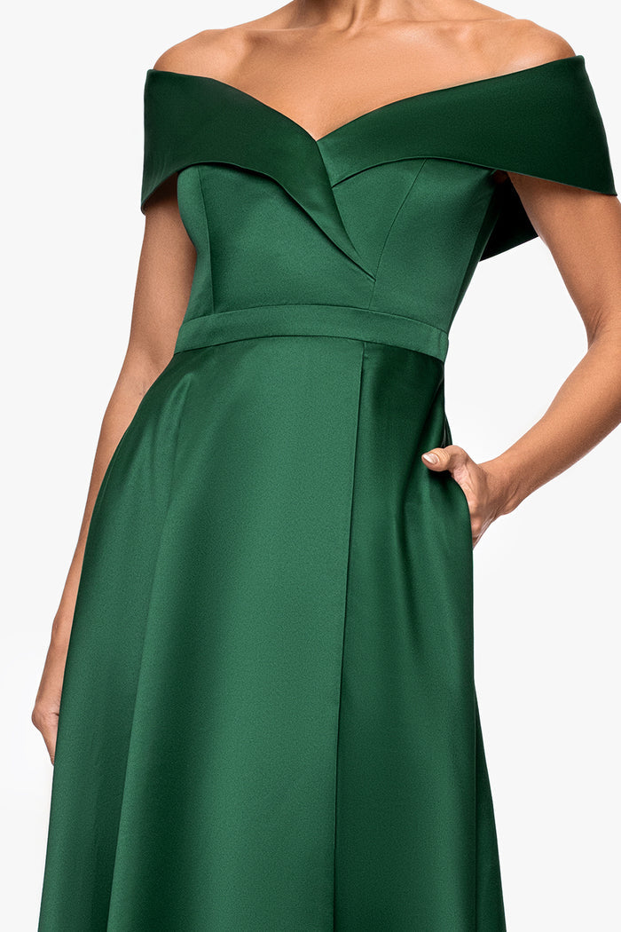 Emerald “Aria” Off the Shoulder Satin Front Slit Dress, folded off-the-shoulder neckline and structured bodice detail