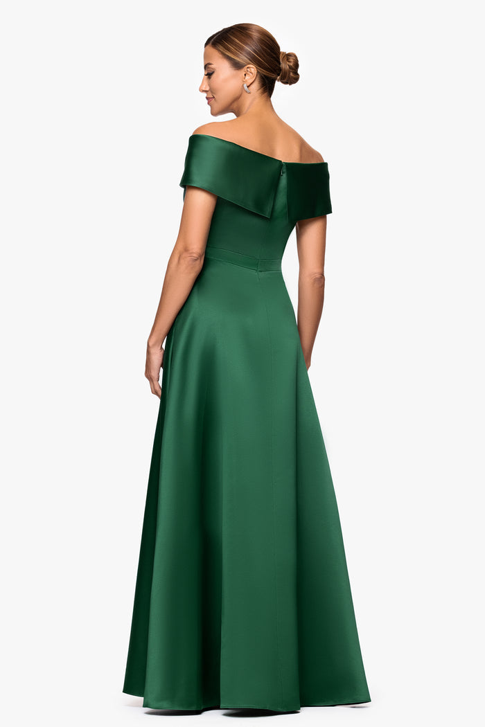 Emerald “Aria” Off the Shoulder Satin Front Slit Dress, back view