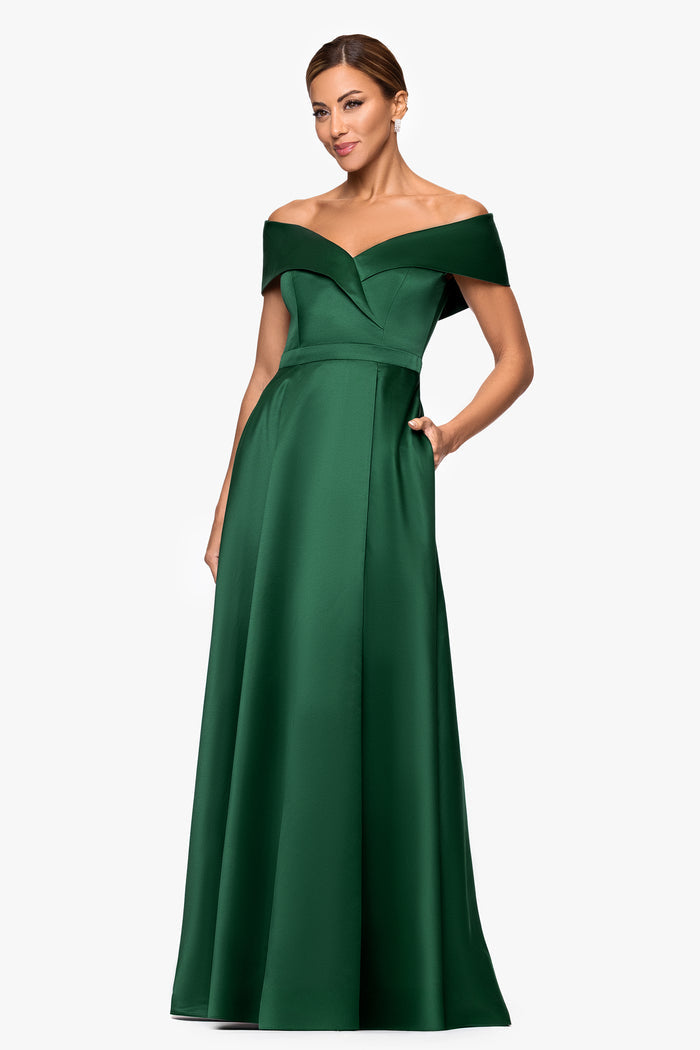 Emerald “Aria” Off the Shoulder Satin Front Slit Dress, angled three-quarter view
