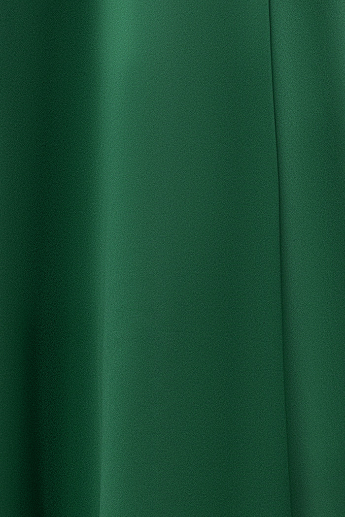 Emerald “Aria” Off the Shoulder Satin Front Slit Dress, satin fabric detail