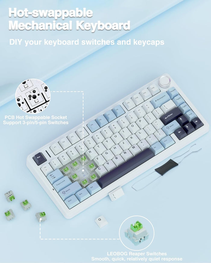 Aula F75 75% Wireless Mechanical Keyboard | Hot Swappable | Pre-lubed Linear Switches | RGB Backlit | 2.4GHz/Type-C/Bluetooth Gaming Keyboard (Reaper Switch) - Unboxify