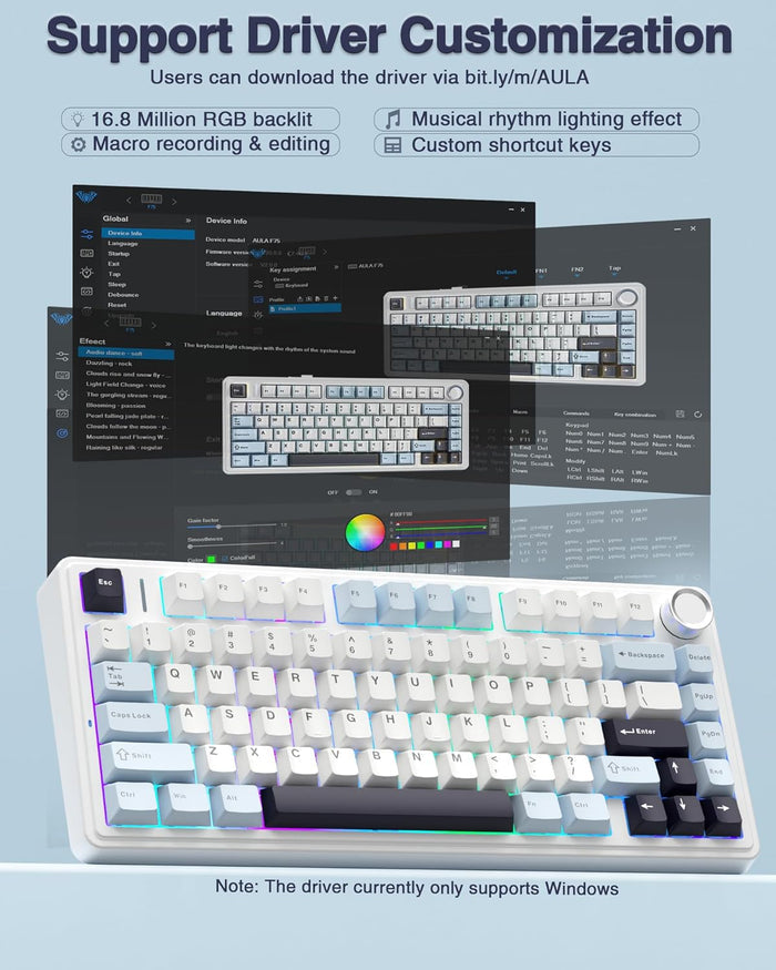 Aula F75 75% Wireless Mechanical Keyboard | Hot Swappable | Pre-lubed Linear Switches | RGB Backlit | 2.4GHz/Type-C/Bluetooth Gaming Keyboard (Reaper Switch) - Unboxify