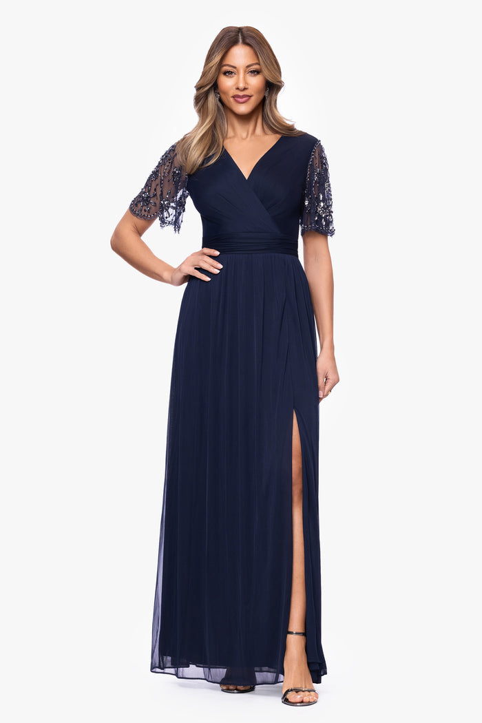 Navy “Aurelia” Sheer Matte Jersey Mesh Beaded Sleeve Dress, front view