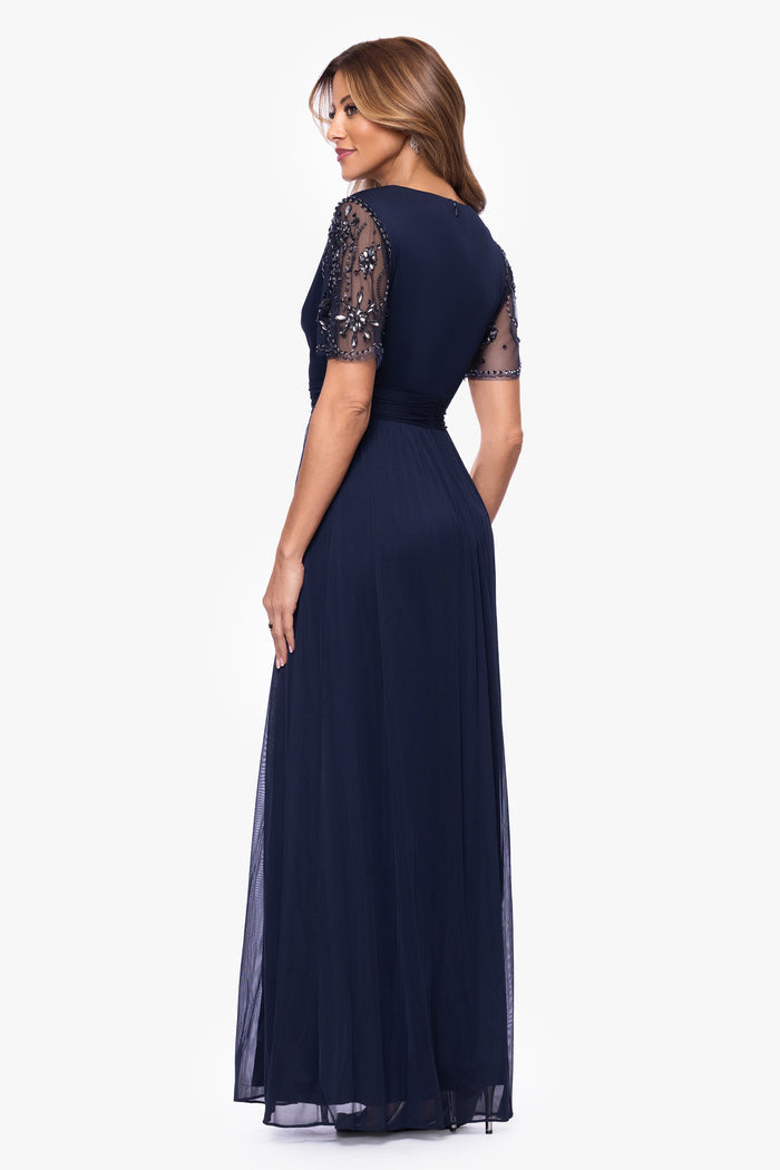 Navy “Aurelia” Sheer Matte Jersey Mesh Beaded Sleeve Dress, back view