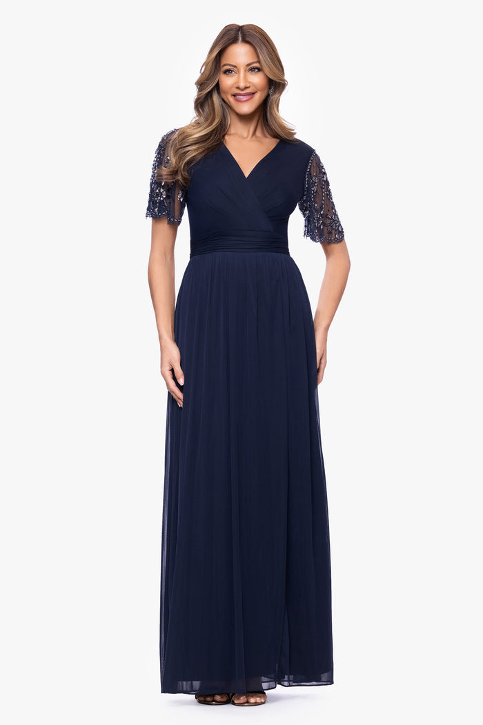 Navy “Aurelia” Sheer Matte Jersey Mesh Beaded Sleeve Dress, alternate front view