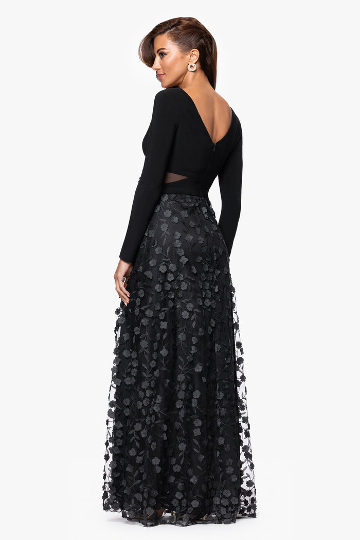 "Aurora" V-Neck Long Sleeve Raised Flower Slit Dress