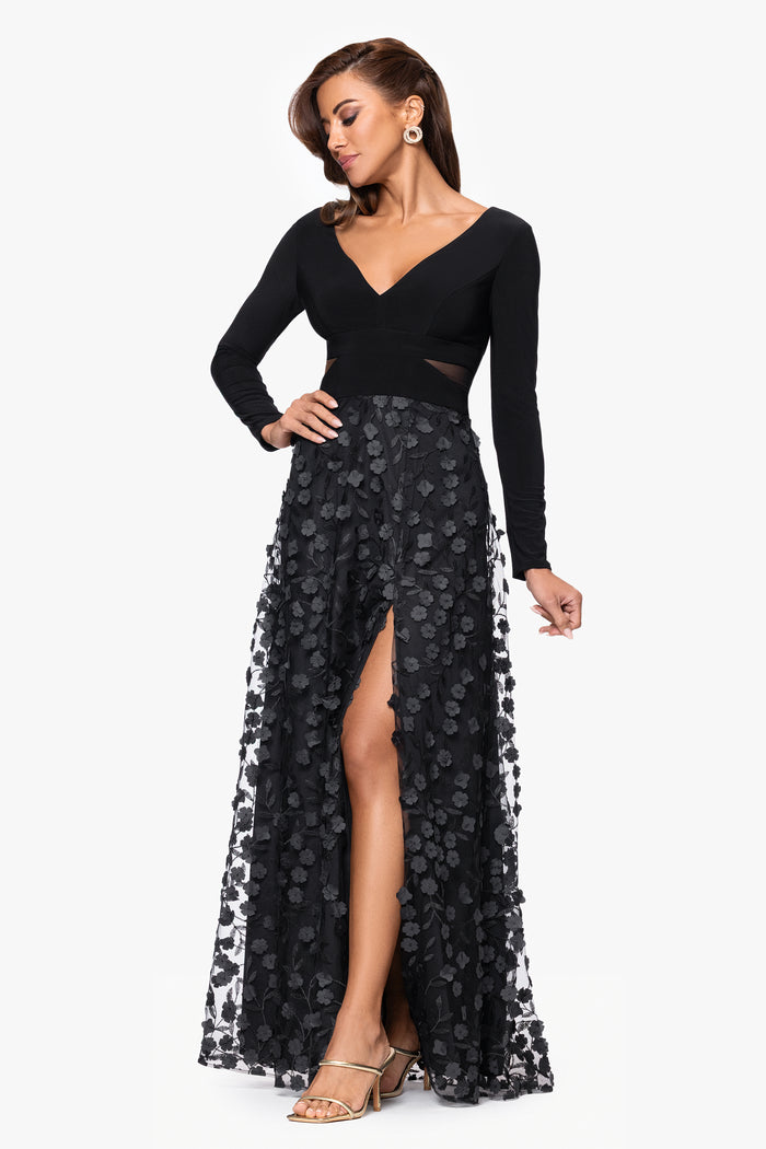"Aurora" V-Neck Long Sleeve Raised Flower Slit Dress