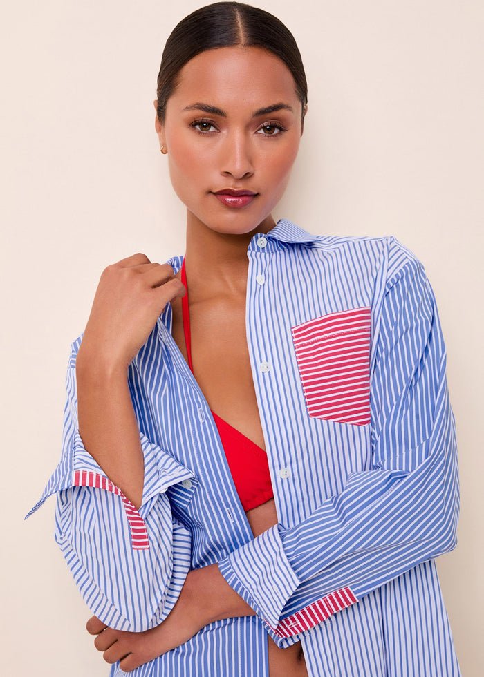 Avril Button Down Colorblock Marina Blue Stripe