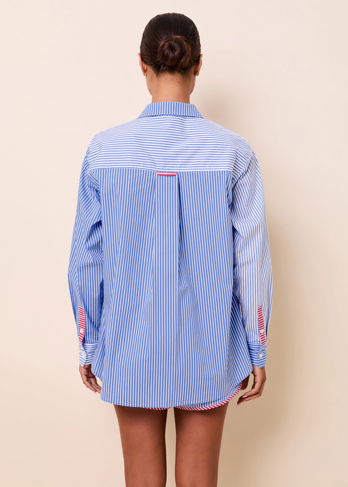 Avril Button Down Colorblock Marina Blue Stripe