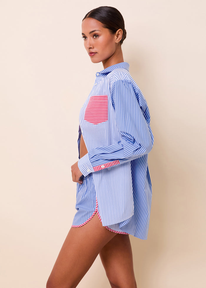 Avril Button Down Colorblock Marina Blue Stripe